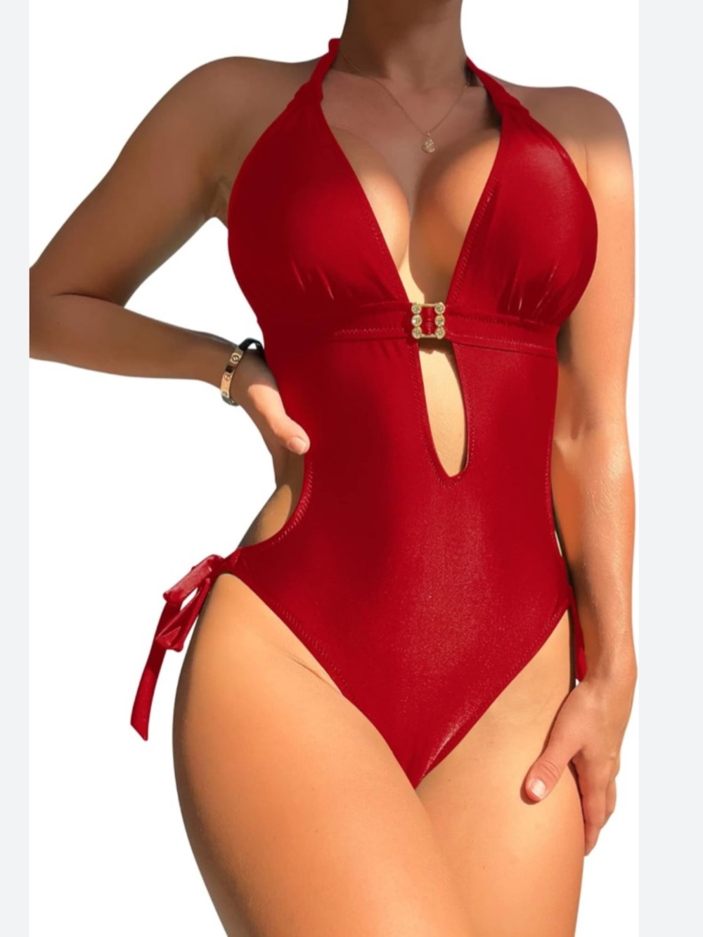 🚘Eomenie Sexy One Piece Swimsuit Red cut out tie side open back monokini size M